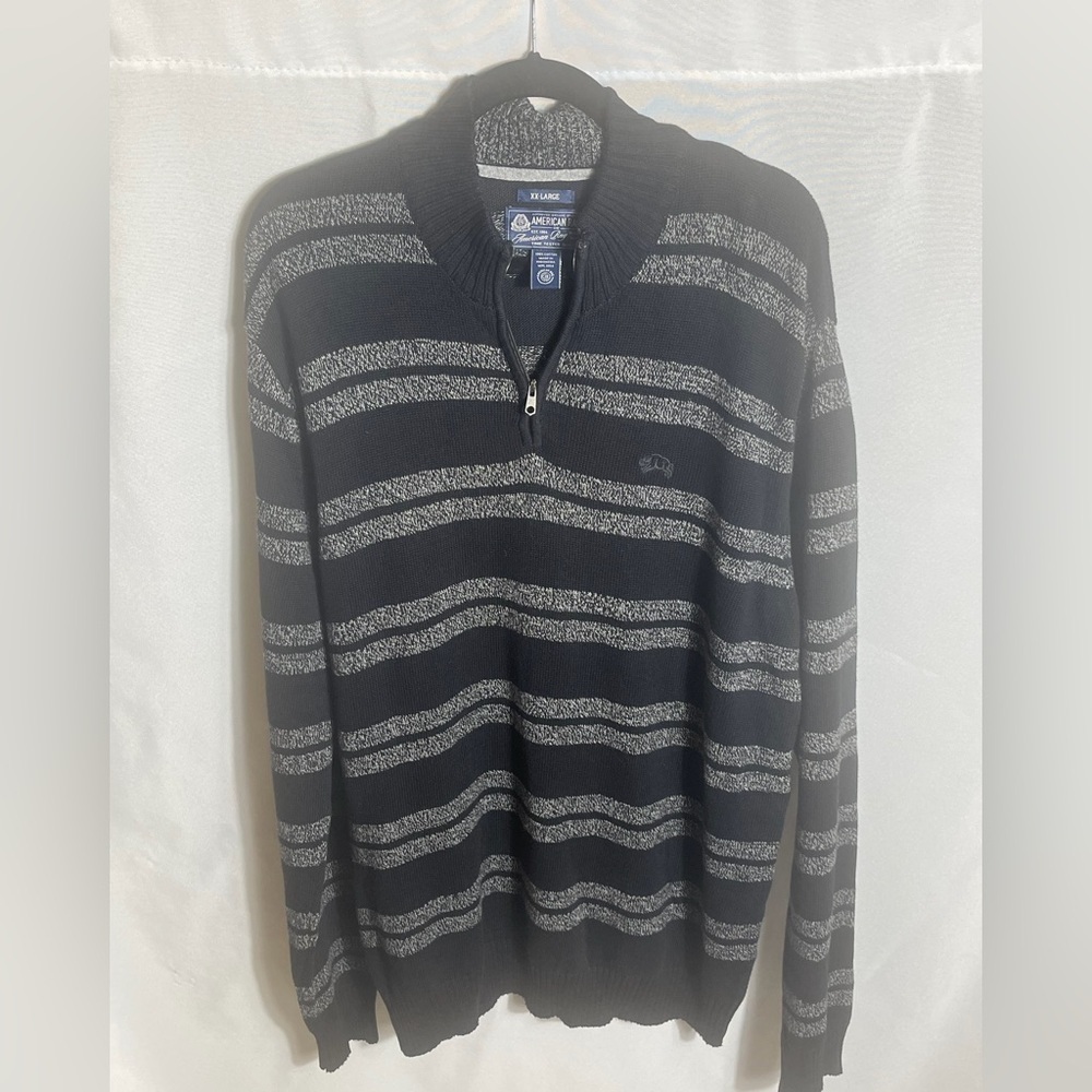 American Rag Men’s XXL Quarter Zip Striped Sweater Black Gray Cotton